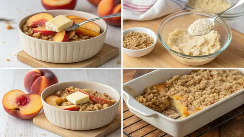 Step-by-step process of making peach crumble: slicing peaches, mixing topping, layering, and baking.