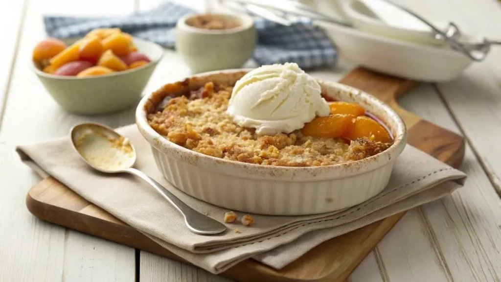 Finished peach crumble in a ceramic dish, topped with golden crumble and served with vanilla ice cream.