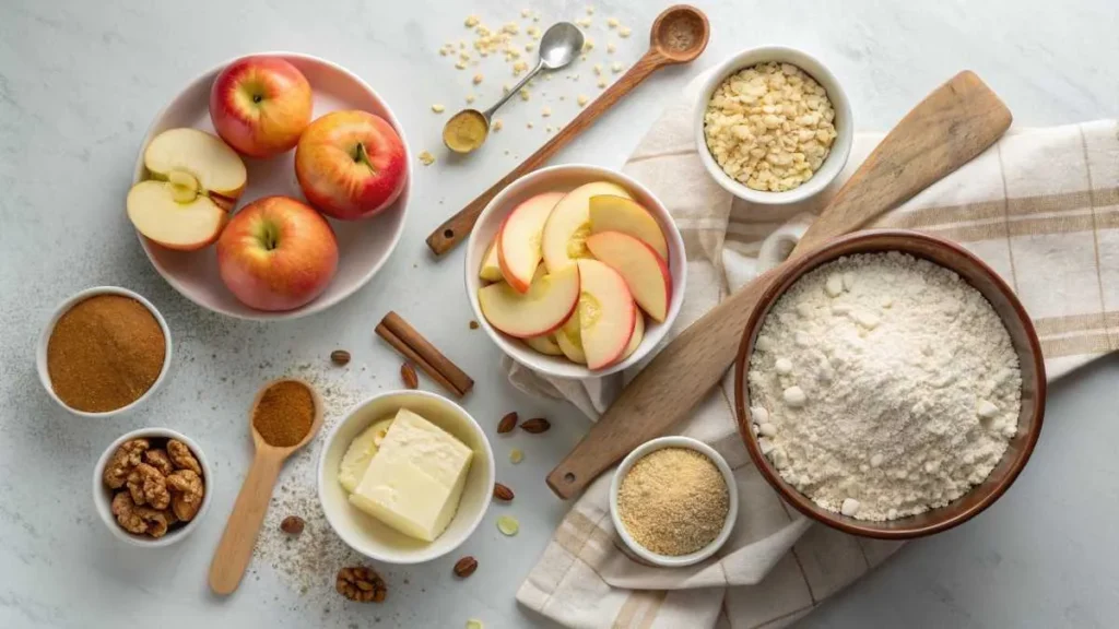 Ingredients for apple crumble recipe with whole wheat flour, including apples, whole wheat flour, sugar, oats, butter, and cinnamon.