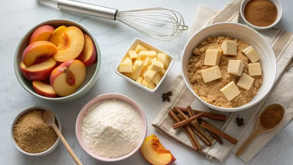 Peach crumble ingredients arranged on a kitchen counter, including peaches, sugar, butter, and cinnamon.
