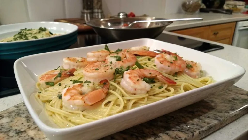 Homemade Red Lobster shrimp scampi copycat recipe with garlic butter shrimp and pasta on a kitchen countertop.