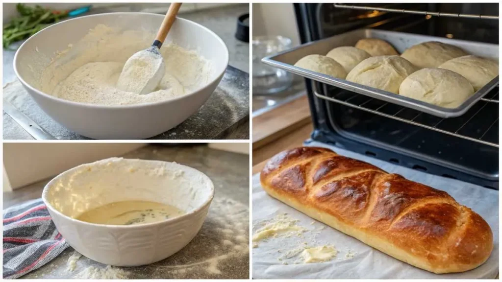 A step-by-step process of making a homemade Cuban bread recipe, from mixing to baking.