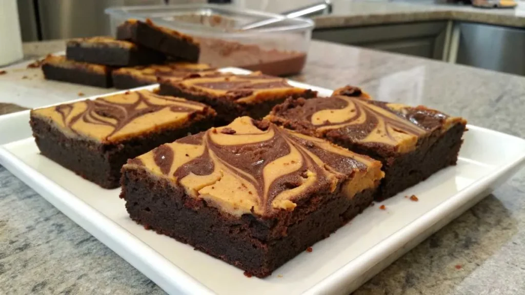 Peanut Butter Brownie Recipe – freshly baked brownies with a creamy peanut butter swirl on a kitchen counter.