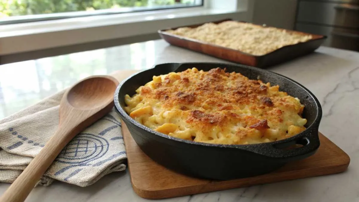 Smoked mac and cheese in a cast iron skillet on a kitchen countertop.